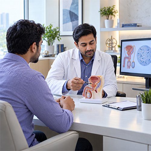 Fertility specialist explaining male reproductive anatomy to a patient