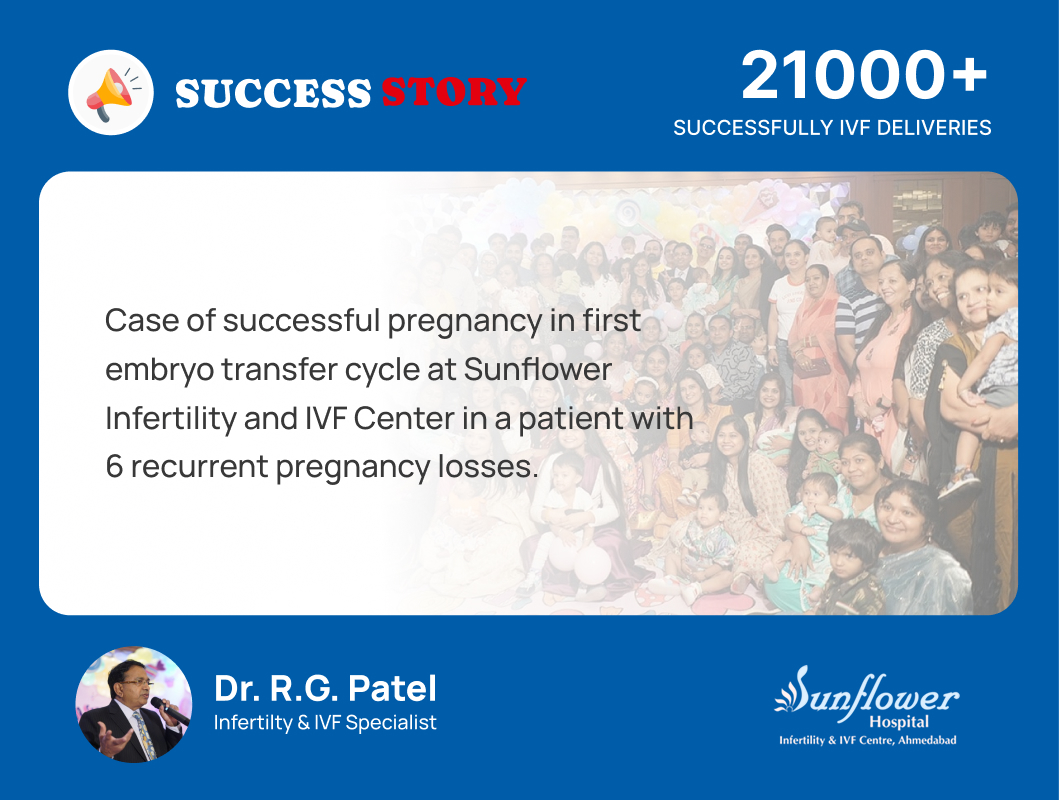 Case of successful pregnancy in first embryo transfer cycle at Sunflower Infertility and IVF Center in a patient with 6 recurrent pregnancy losses.