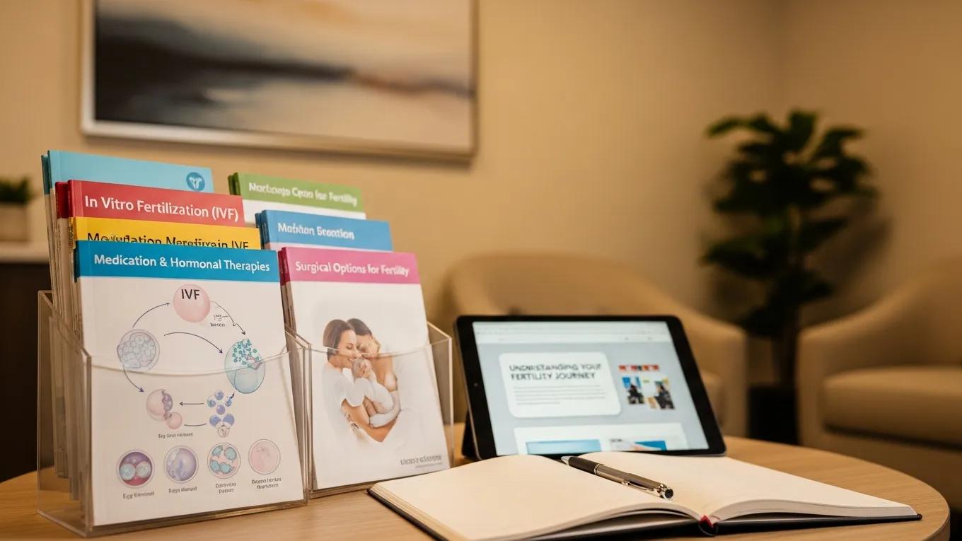 Brochures on fertility treatment options in a supportive clinic environment