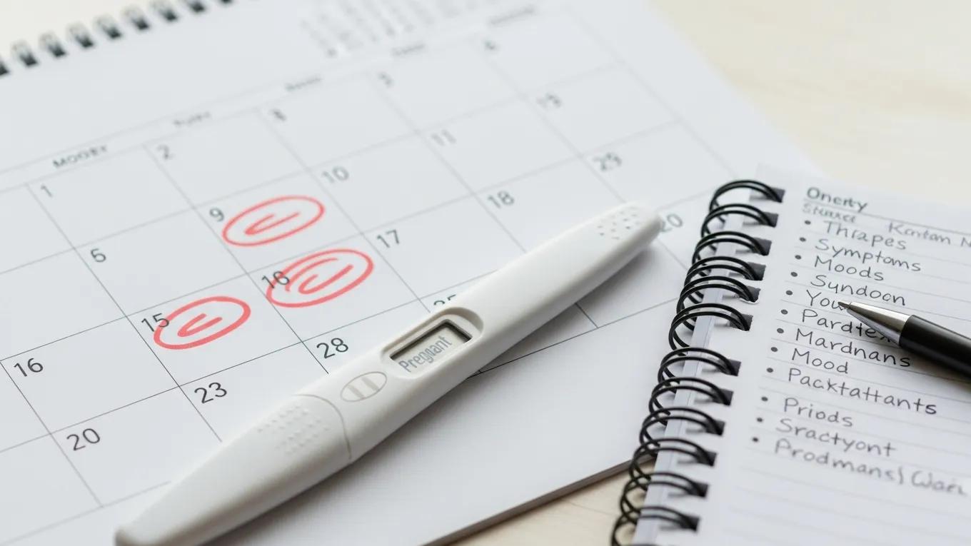 Close-up of a calendar, pregnancy test, and notes, illustrating the tracking of early pregnancy signs