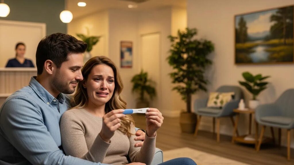 Couple celebrating a positive pregnancy test in a fertility clinic, symbolizing hope and IVF success