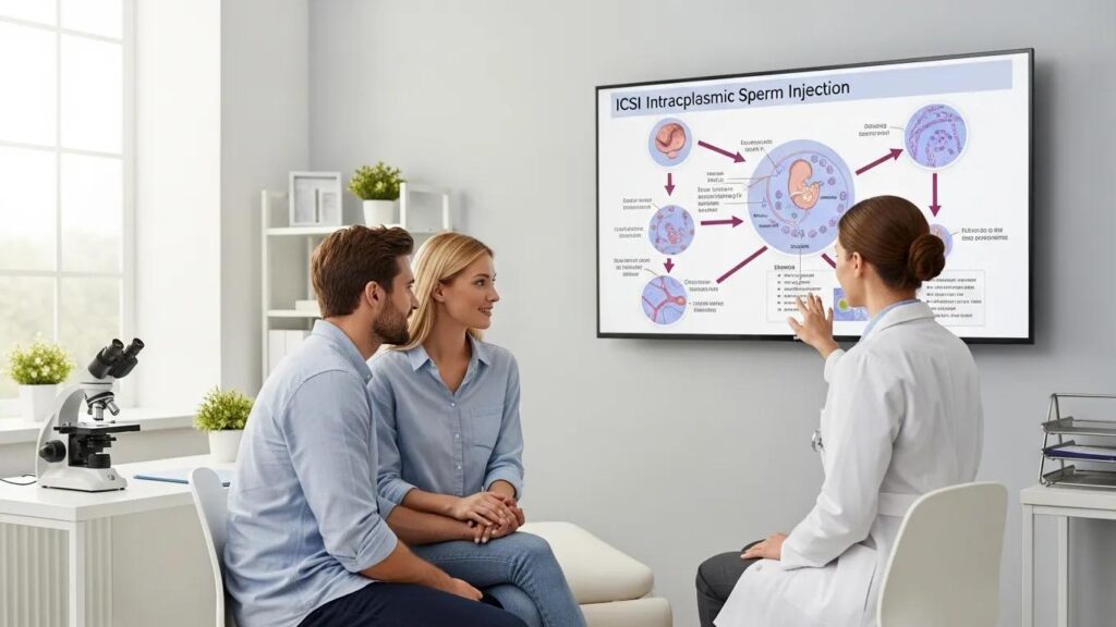 Couple consulting with a doctor about ICSI treatment in a fertility clinic