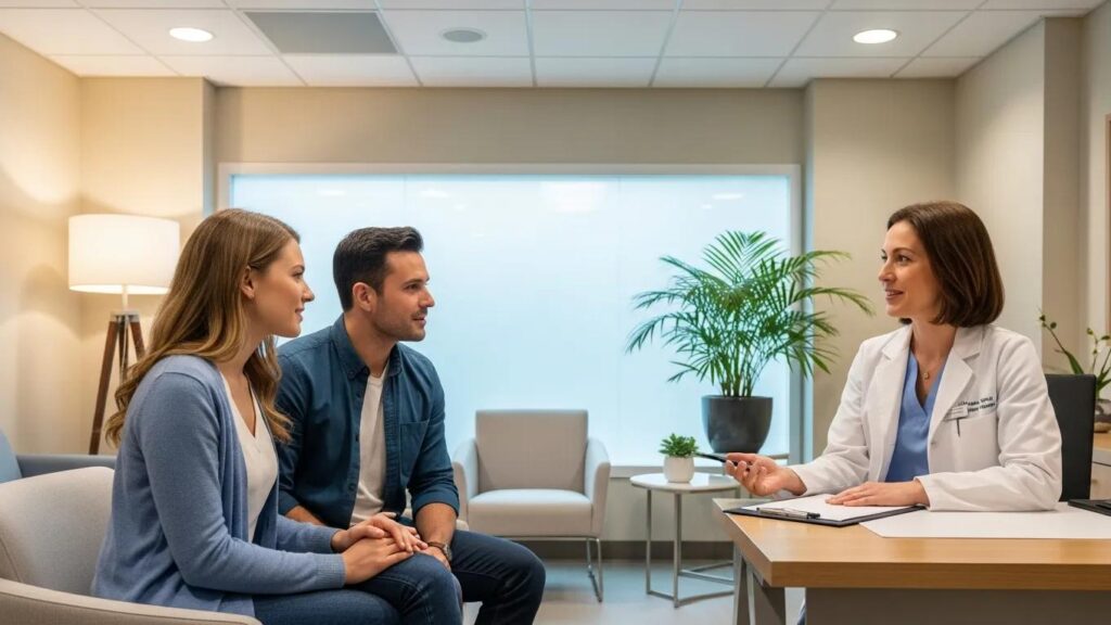 Couple consulting with a fertility specialist in a modern hospital setting, symbolizing hope and support in IVF treatment