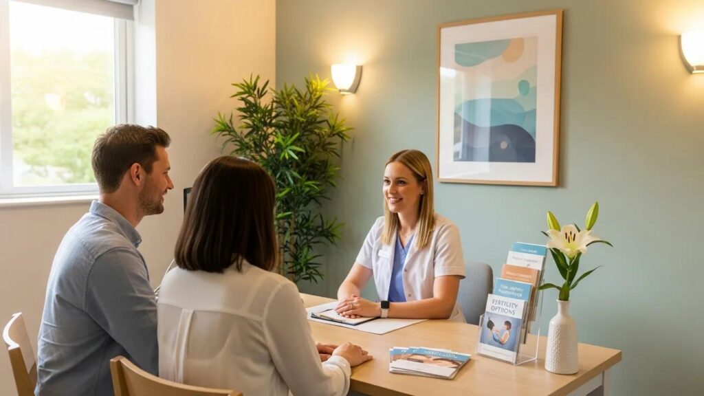 Couple consulting with a healthcare professional in a fertility clinic, symbolizing hope and support in IUI treatment