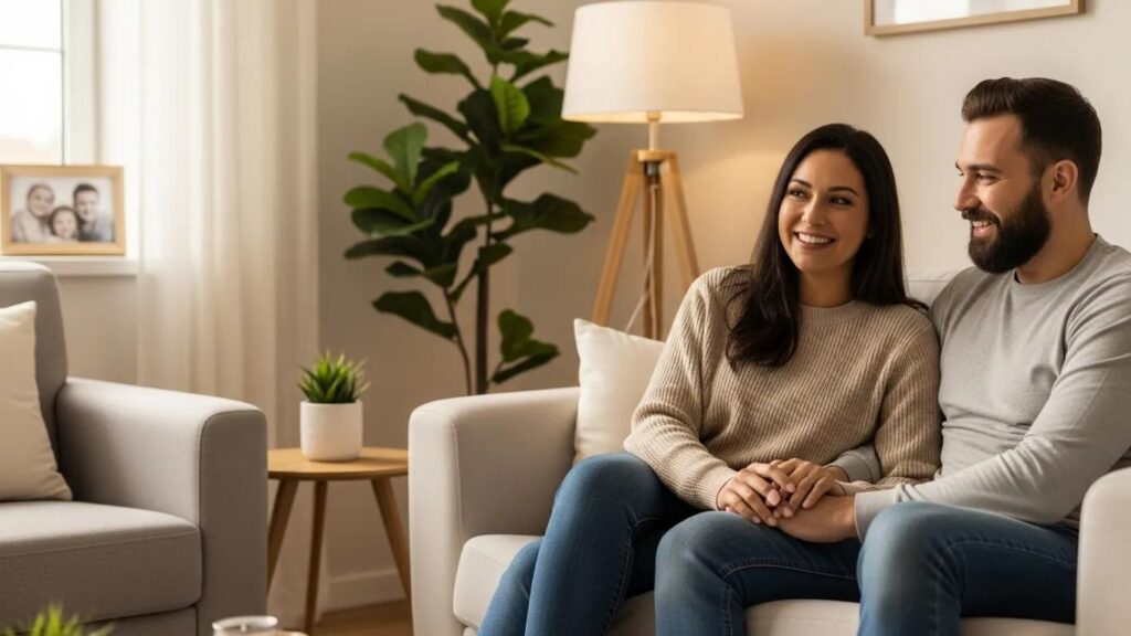 Couple discussing fertility services in a cozy environment