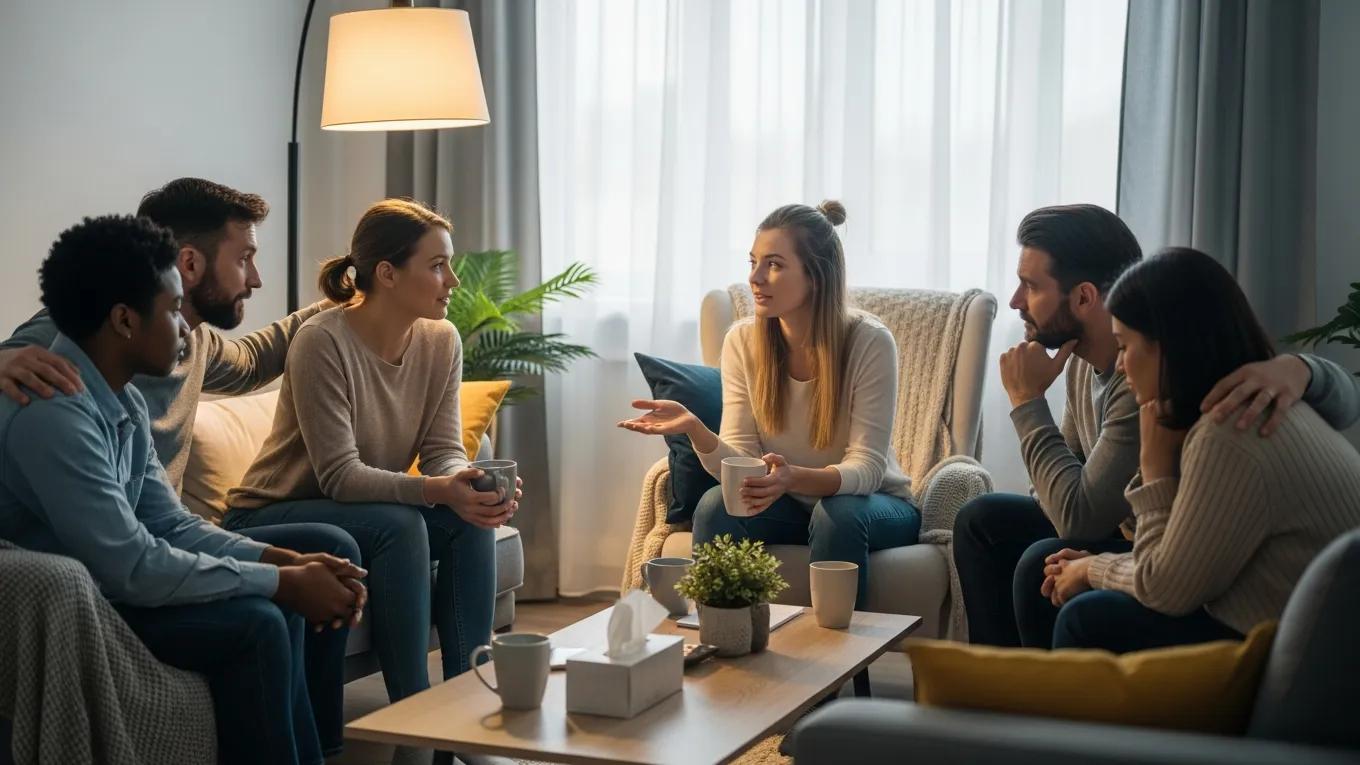 Diverse group of patients sharing IVF experiences in a supportive environment, highlighting emotional support factors
