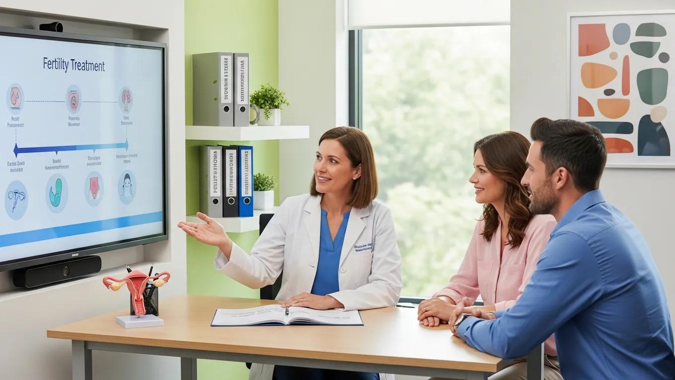 Fertility specialist consulting with a couple in a modern clinic