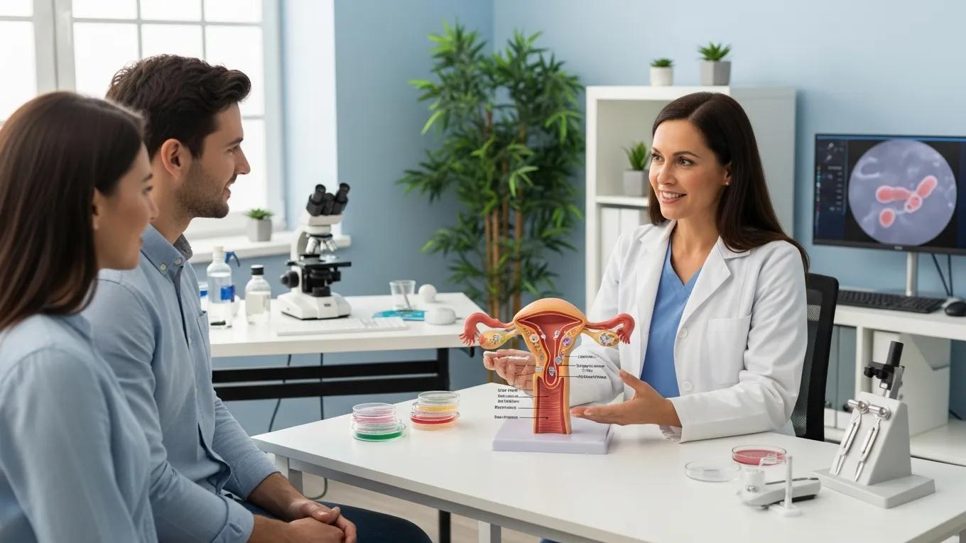 Fertility specialist explaining IVF procedure steps to a couple using a reproductive system model in a clinic