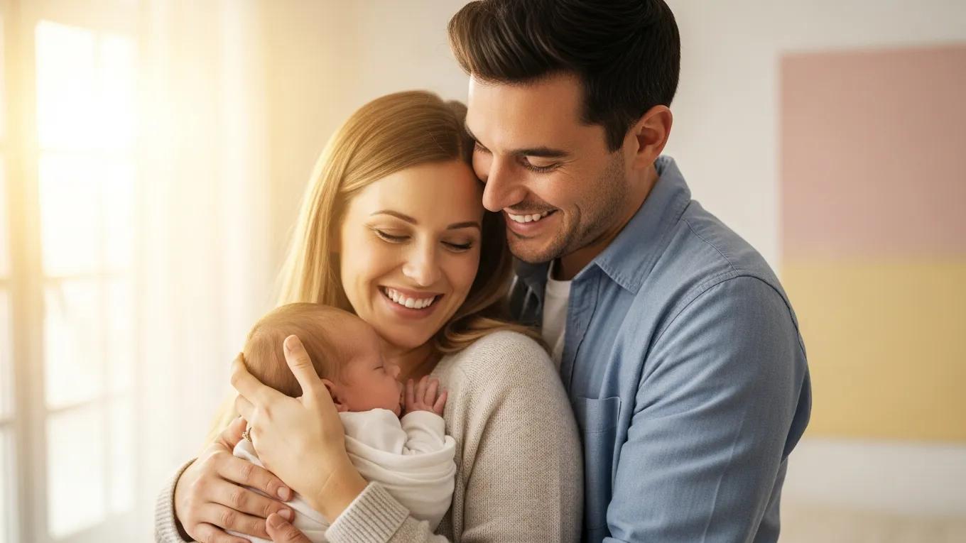 Happy couple with a baby representing the success of ICSI treatment