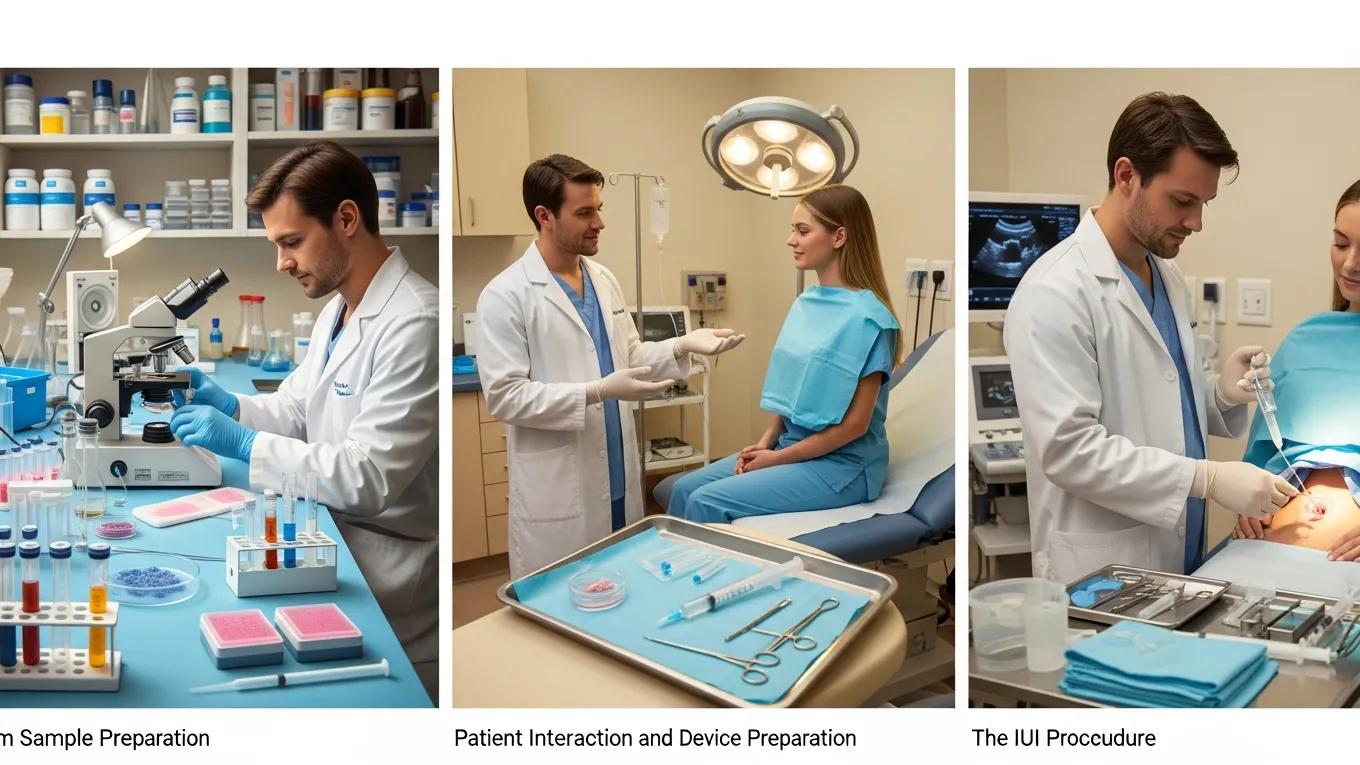 Healthcare professional preparing sperm sample in a lab, depicting the IUI procedure steps