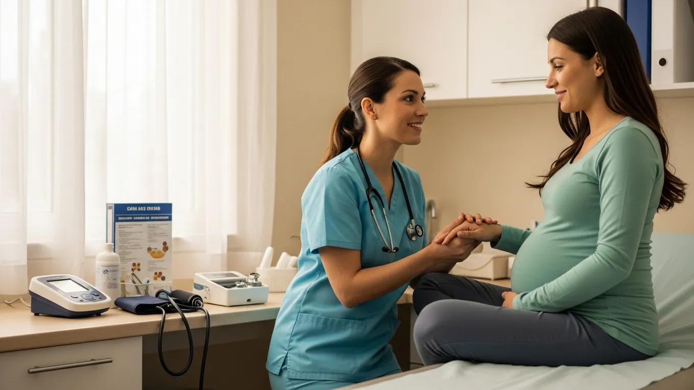 Healthcare professional providing maternity care to a pregnant woman