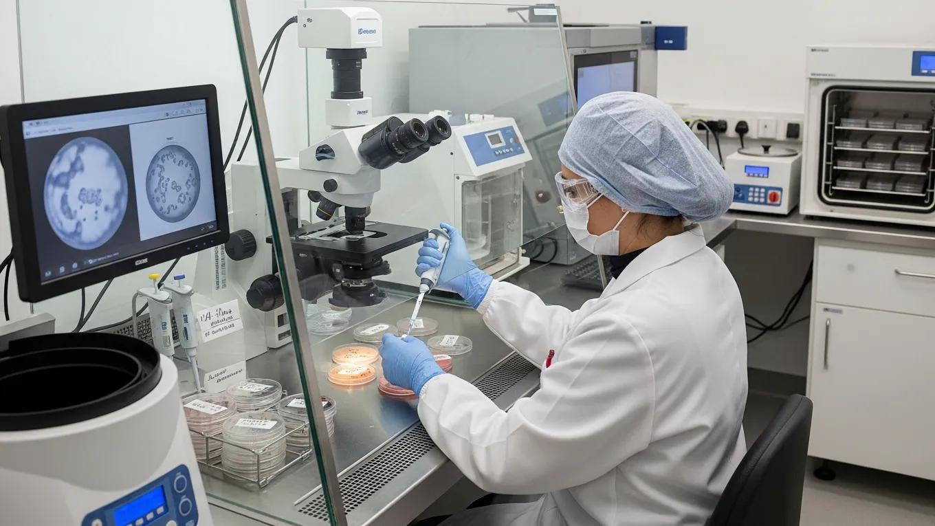 Modern IVF laboratory with technician handling embryos