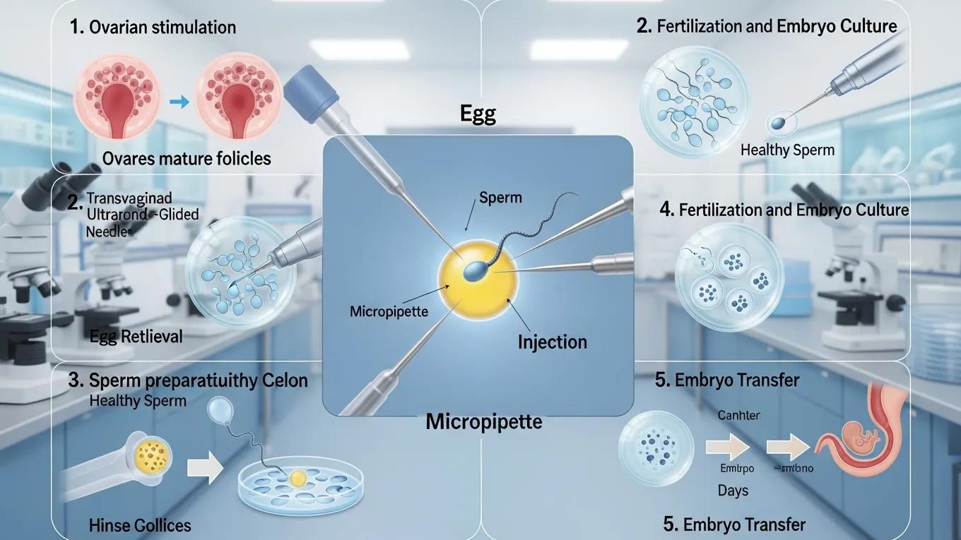 Step-by-step illustration of the ICSI treatment process in a laboratory setting