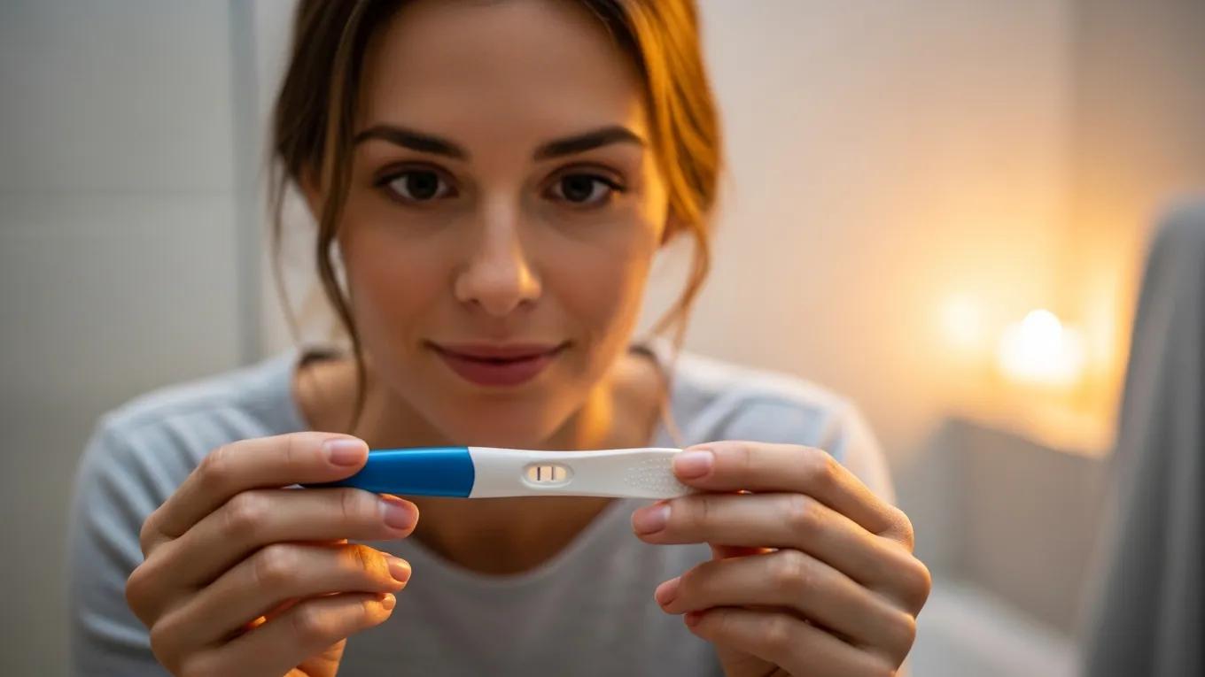 Woman holding a pregnancy test with a hopeful expression, capturing the anticipation of early pregnancy