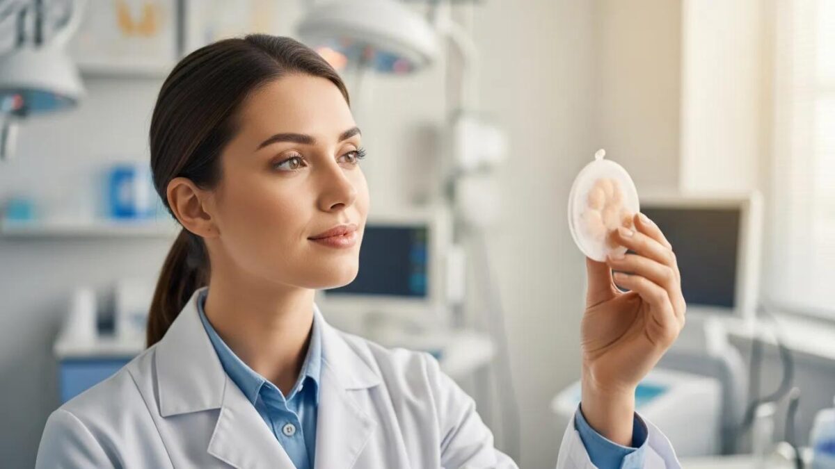 Young woman in a lab coat observing a frozen egg sample in a modern fertility clinic
